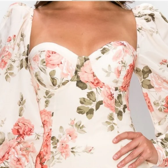 Romantic Floral Sweetheart Puff Sleeve Bodycon Mini Dress Medium Valentines NWOT - Picture 11 of 16